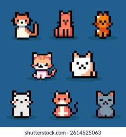 Set of cats pixel art vector.