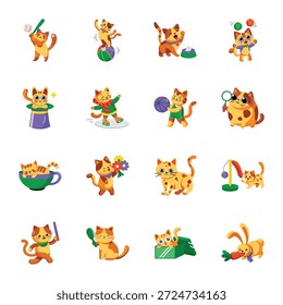 Conjunto de gatos jugando iconos de estilo plano 
