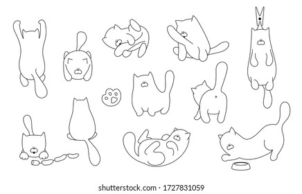 Set cats playing line design. Domestic cute cat silhouette. Outline kitten vector lines illustration.