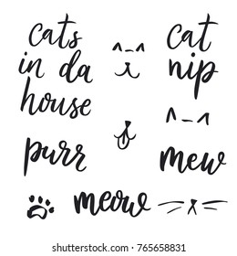 Set of cats quotes and vector illustrations of cats symbols. Cats in da house, Cat nip, Purr, Mew, Meow.