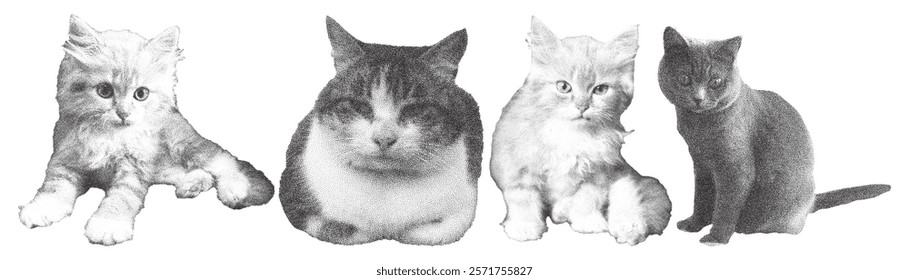 Set of cats with retro photocopy effect. Modern vector illustration