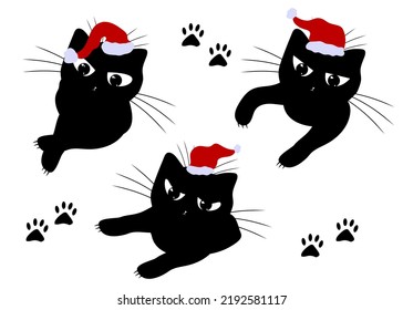 Set of cats in Santa Claus hats. Domestic kitten. Black silhouette of cat head. Tatoo, print.
