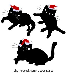 Set of cats in Santa Claus hats. Domestic kitten. Black silhouette of cat head. Tatoo, print.