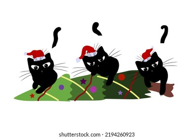 Set of cats in Santa Claus hats. Domestic kitten. Black silhouette of cat head. Tatoo, print.