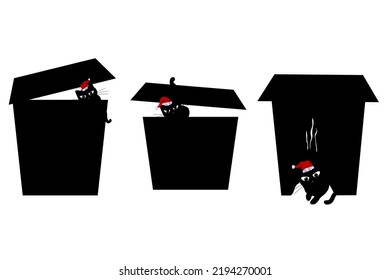 Set of cats in Santa Claus hats. Domestic kitten in black box. Black silhouette of cat head. Tatoo, print.