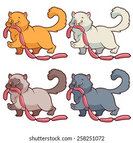 Set of cats with sausages. Cats of different colors. Vector clip-art illustration on a white background.