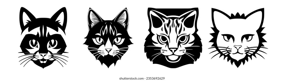 Los gatos seleccionados se muestran en blanco y negro, en negrita, en forma vectorial, en estilo tipográfico internacional. avatar de caricatura. Gatos tatuajes.