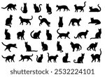 Set of cats silhouette in different poses. Hand drawn black cats  isolated on white background. Vector illustration of Halloween decorative elements for design decor.