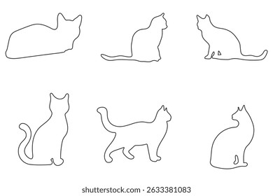 Set of cats silhouette in different poses. Hand drawn black cats isolated on white background. Vector illustration of Halloween decorative elements for design decor. Cat set isolated silhouette vector