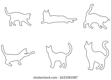 Set of cats silhouette in different poses. Hand drawn black cats isolated on white background. Vector illustration of Halloween decorative elements for design decor. Cat set isolated silhouette vector