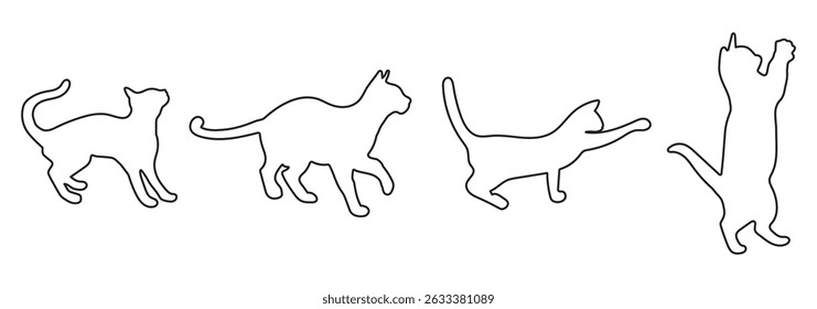 Set of cats silhouette in different poses. Hand drawn black cats isolated on white background. Vector illustration of Halloween decorative elements for design decor. Cat set isolated silhouette vector