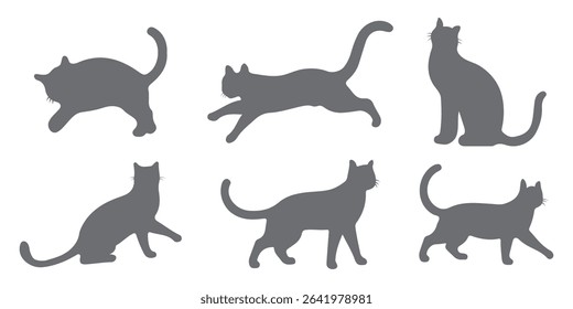 Set of cats silhouette in different poses. Hand drawn black cats isolated on white background. Vector illustration of Halloween decorative elements for design decor.