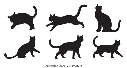 Set of cats silhouette in different poses. Hand drawn black cats isolated on white background. Vector illustration of Halloween decorative elements for design decor.