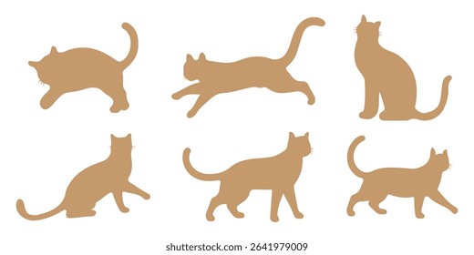 Set of cats silhouette in different poses. Hand drawn black cats isolated on white background. Vector illustration of Halloween decorative elements for design decor.