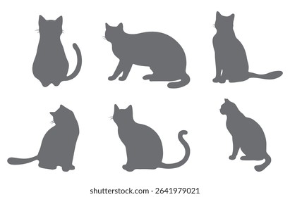 Set of cats silhouette in different poses. Hand drawn black cats isolated on white background. Vector illustration of Halloween decorative elements for design decor.
