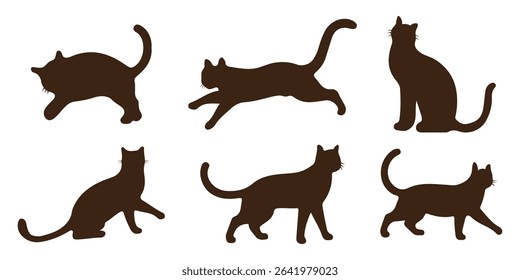 Set of cats silhouette in different poses. Hand drawn black cats isolated on white background. Vector illustration of Halloween decorative elements for design decor.