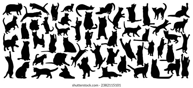 Set of cats silhouette vector. Cats and kitten different breed, poses, sitting, standing, jump, sleep, playing, walking. Hand drawn pet animals for pet shop, logo design, decorative, sticker.