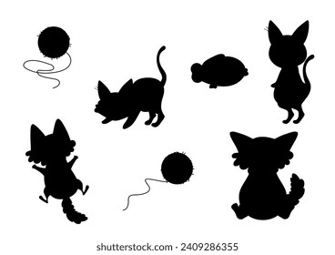 set of cats silhouettes of cartoon cats in different poses , kawaii , vector 