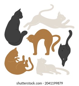 Set of cats silhouettes set in different poses. Various shapes. Vector hand drawn