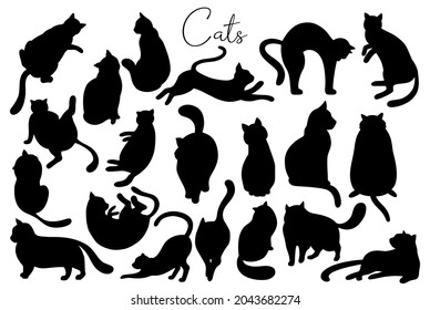 Set of cats silhouettes set in different poses. Various shapes. Vector hand drawn