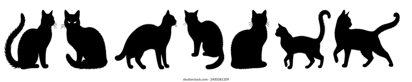 Set of cats silhouettes isolated on white background, vector illustration