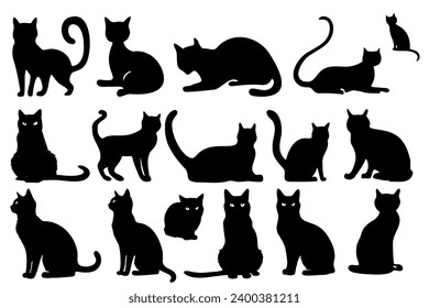 Set of cats silhouettes isolated on white background, vector illustration
