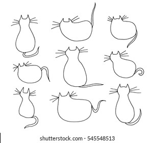 Set of cats silhouettes on copybook background. vector illustration. hand drawn cats.