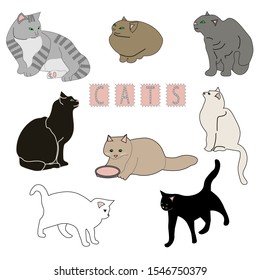 Set of cats silhouettes. Cats sitting walking and lying.