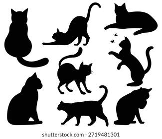 Set von Katzen Silhouetten. Katzen, Vektorsammlung. Vektorgrafik von verschiedenen Pose Katzen Symbol. Haustier, Tier, Haustier und Zeichentrickkatze.