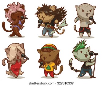 Set of cats singing songs in different styles, pop, rock, rap, punk and others, 6 characters, vector