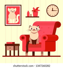 Set of cats sitting on a red arm chair. Detail of living room isolated on cream background. Cat, animal, cartoon, icon collection. Vector simple illustration. Red lamp, decoration, picture of cat.