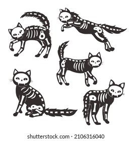 Set cats skeletons isolated white background  Vector graphics 