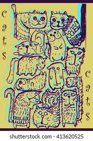 set of cats in sketch  style