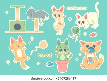 set of cats, stickers, cats in different poses, kawaii