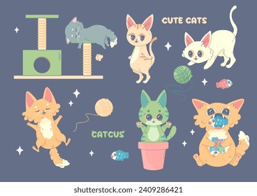 set of cats, stickers, cats in different poses, kawaii