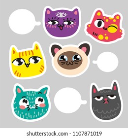 set of cats stickers for notes. Communication cat stickers. Six colorful cats emotions where you can put messages. Hand draw type for notes, notebook, sketchpad, block, writing pad, stickers, patch