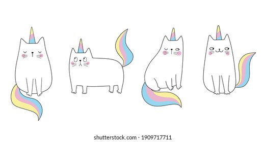 Set cats unicorn. Funny cat like unicorn. Believe in magic. Funny vector illustration.  Adorable doodle animal. Isolated objects on white background. Good for posters, t shirts, postcards.