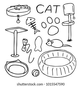 Set of cats vector illustration. The collar, the mouse ball, sun lounger, bowl 