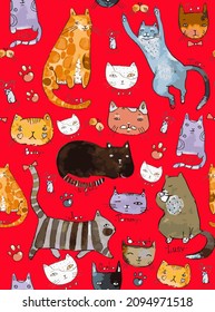 Set with cats. Vector. The set includes various poses and faces of cats, frames and patterns. Pastel vintage tones.