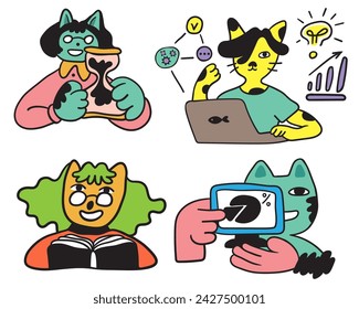 Set von Katzen in Vector.Business-Icons in flachem Stil. Illustration von menschlichen Katzen. Vorlage für Logo-Aufkleber-Poster-Symbol-App-Website. Eine Reihe von pelzigen Katzen zum Thema Wirtschaft und Leben.