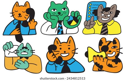 Set von Katzen in Vector.Business-Icons in flachem Stil. Illustration von menschlichen Katzen. Vorlage für Logo-Aufkleber-Poster-Symbol-App-Website. Eine Reihe von pelzigen Katzen zum Thema Wirtschaft und Leben.