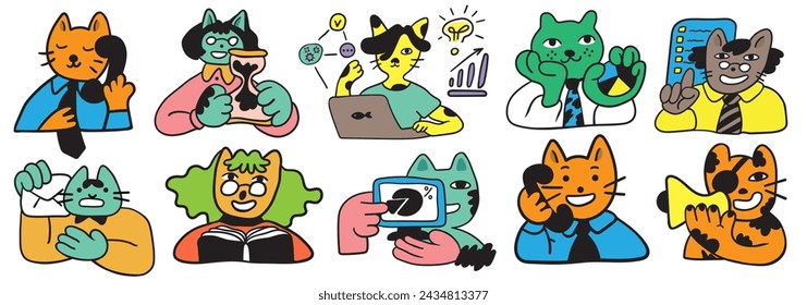 Set von Katzen in Vector.Business-Icons in flachem Stil. Illustration von menschlichen Katzen. Vorlage für Logo-Aufkleber-Poster-Symbol-App-Website. Eine Reihe von pelzigen Katzen zum Thema Wirtschaft und Leben.