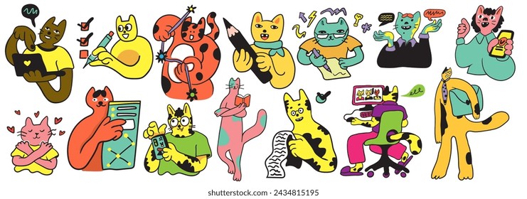 Set von Katzen in Vector.Business-Icons in flachem Stil. Illustration von menschlichen Katzen. Vorlage für Logo-Aufkleber-Poster-Symbol-App-Website. Eine Reihe von pelzigen Katzen zum Thema Wirtschaft und Leben.