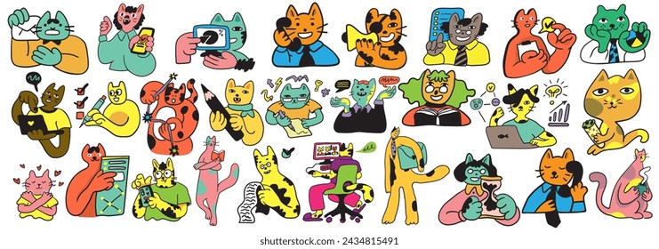 Set von Katzen in Vector.Business-Icons in flachem Stil. Illustration von menschlichen Katzen. Vorlage für Logo-Aufkleber-Poster-Symbol-App-Website. Eine Reihe von pelzigen Katzen zum Thema Wirtschaft und Leben.