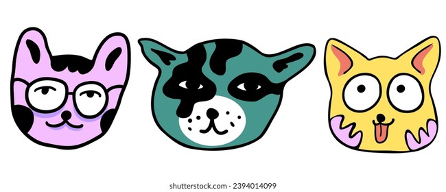 set of cats in vector.colored animal heads in doodle style.Template for sticker avatar poster flyer logo. Series of cats in flat style