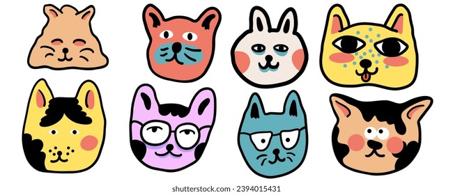 set of cats in vector.colored animal heads in doodle style.Template for sticker avatar poster flyer logo. Series of cats in flat style