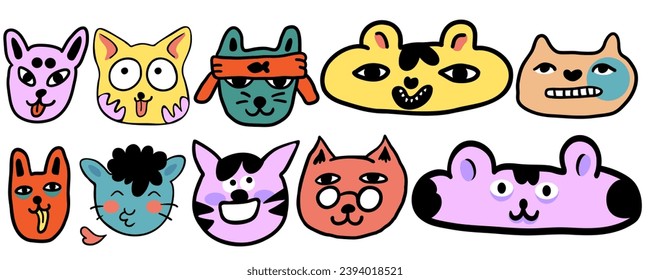 set of cats in vector.colored animal heads in doodle style.Template for sticker avatar poster flyer logo. Series of cats in flat style