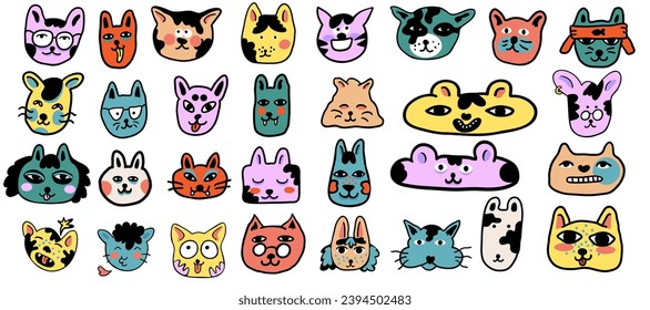 set of cats in vector.colored animal heads in doodle style.Template for sticker avatar poster flyer logo. Series of cats in flat style