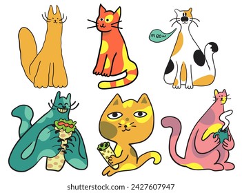 set of cats in vector.pets in flat style. cartoon cats with street food. Template for logo poster icon for application website. A series of animal images in flat style