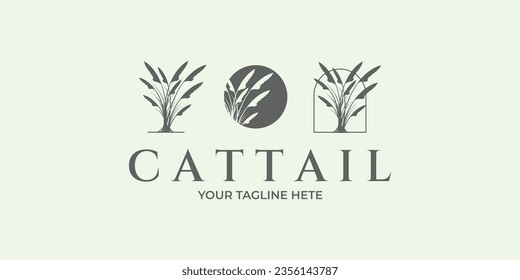 set cattail logo line art illustration design reed grass minimalist